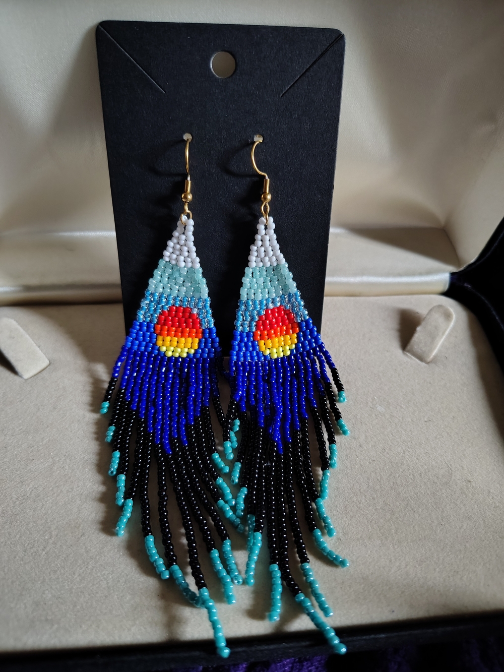 🚨New Handmade Beaded Fringe Statement Earrings - Sunset Mountain Landscape🚨